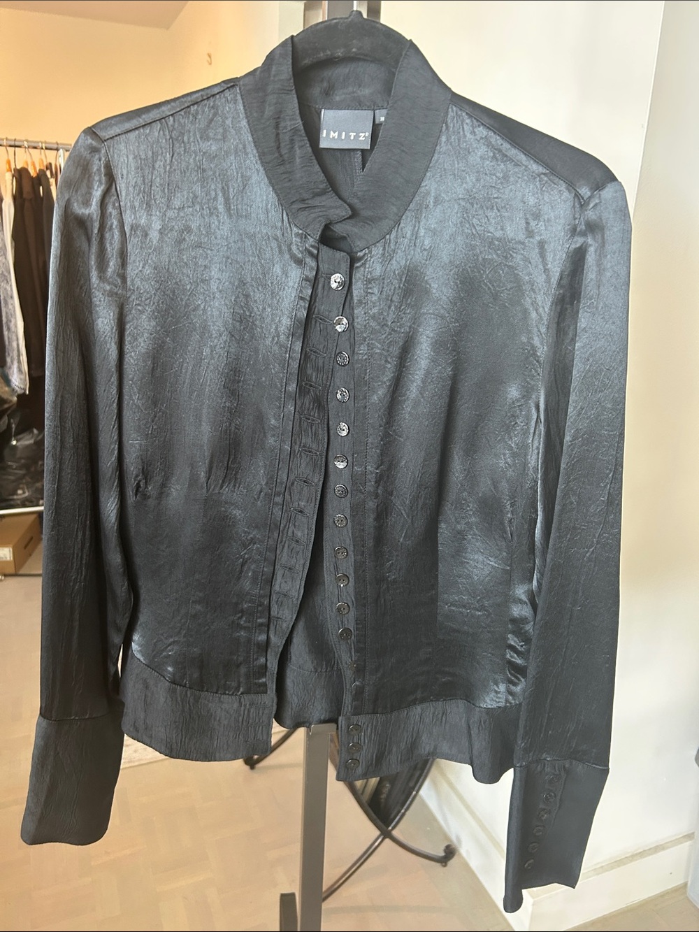 IMITS Women's Black tuxedo peplum Satin-& crepe Button Jacket too many details.